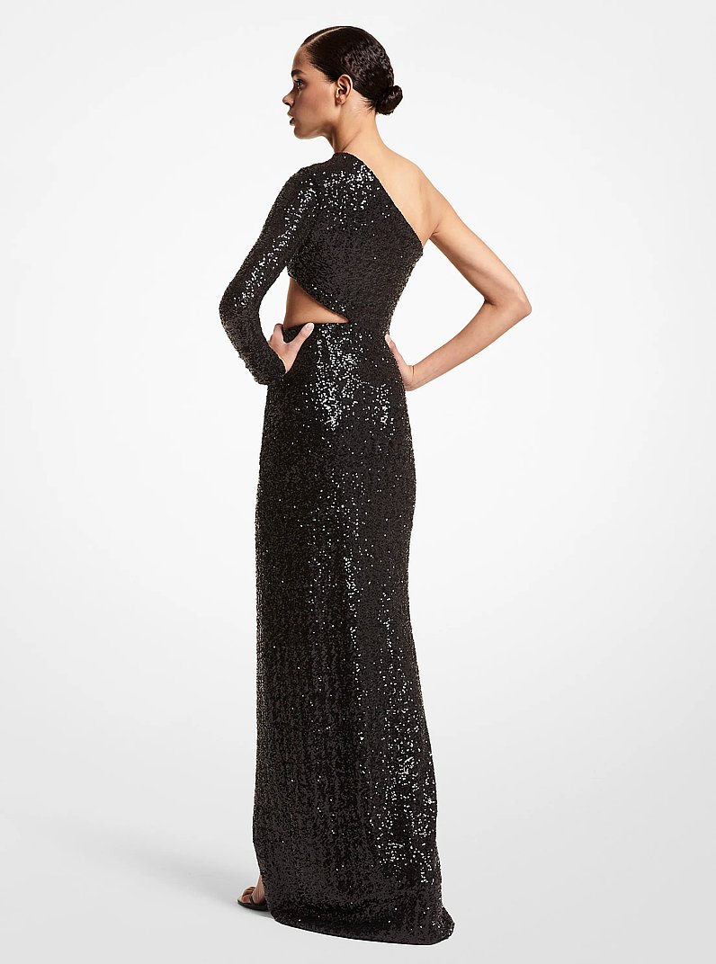 Paillette Embroidered Stretch Jersey Asymmetric Gown in BLACK | Michael Kors