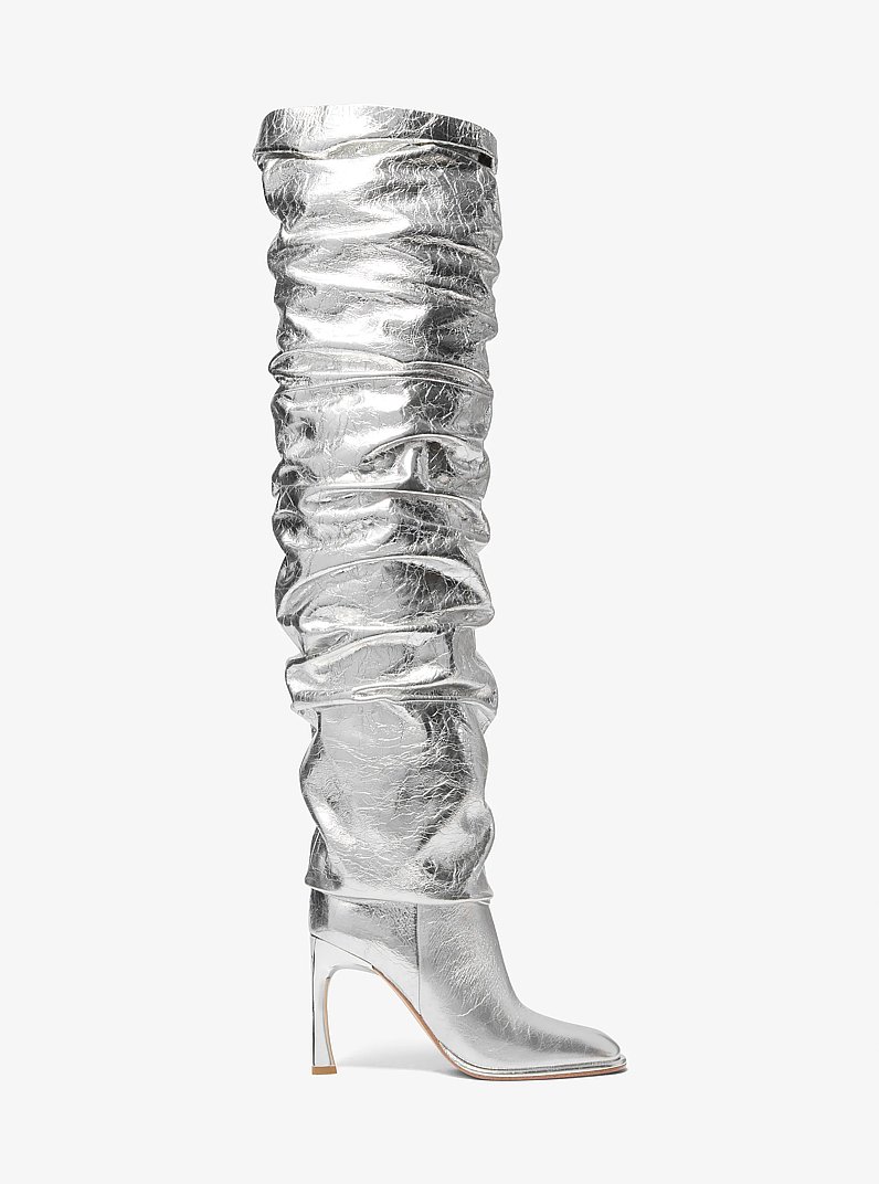 Kelsea Crackled Metallic Leather Slouchy Boot in SILVER | Michael Kors