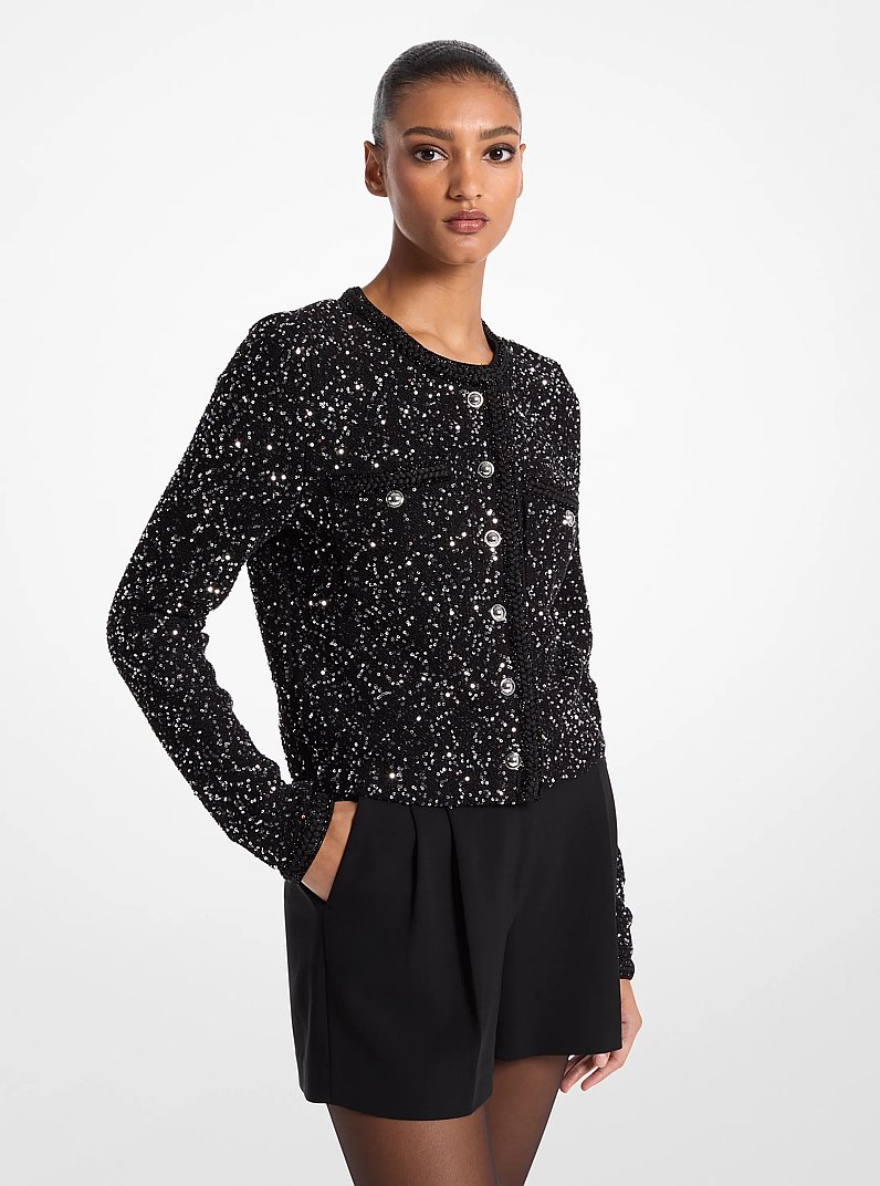 Jacke aus Stretch-Strick in Metallic-Optik mit Pailletten in SCHWARZ/SILBERTON | Michael Kors