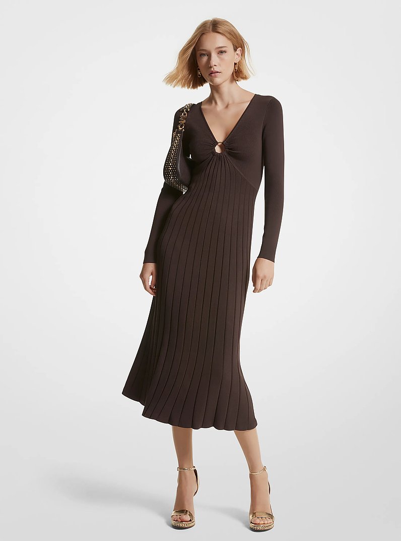 Ribbed Stretch Knit Ring Midi Dress in CHOCOLATE | Michael Kors