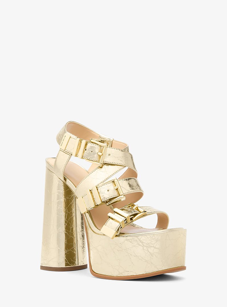 Darrington Crackled Metallic Leather Platform Sandal in PALE GOLD | Michael Kors