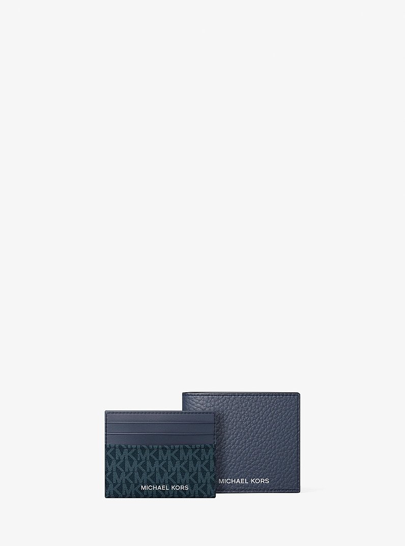 Coffret cadeau avec portefeuille compact en cuir grain&eacute; et porte-cartes &agrave; logo Signature in BLEU MARINE | Michael Kors