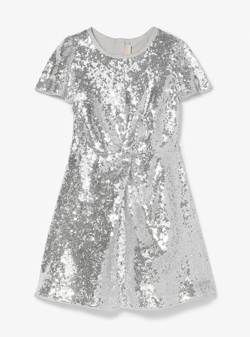 Sequined Short-Sleeve Twist-Front Dress in SILVER | Michael Kors