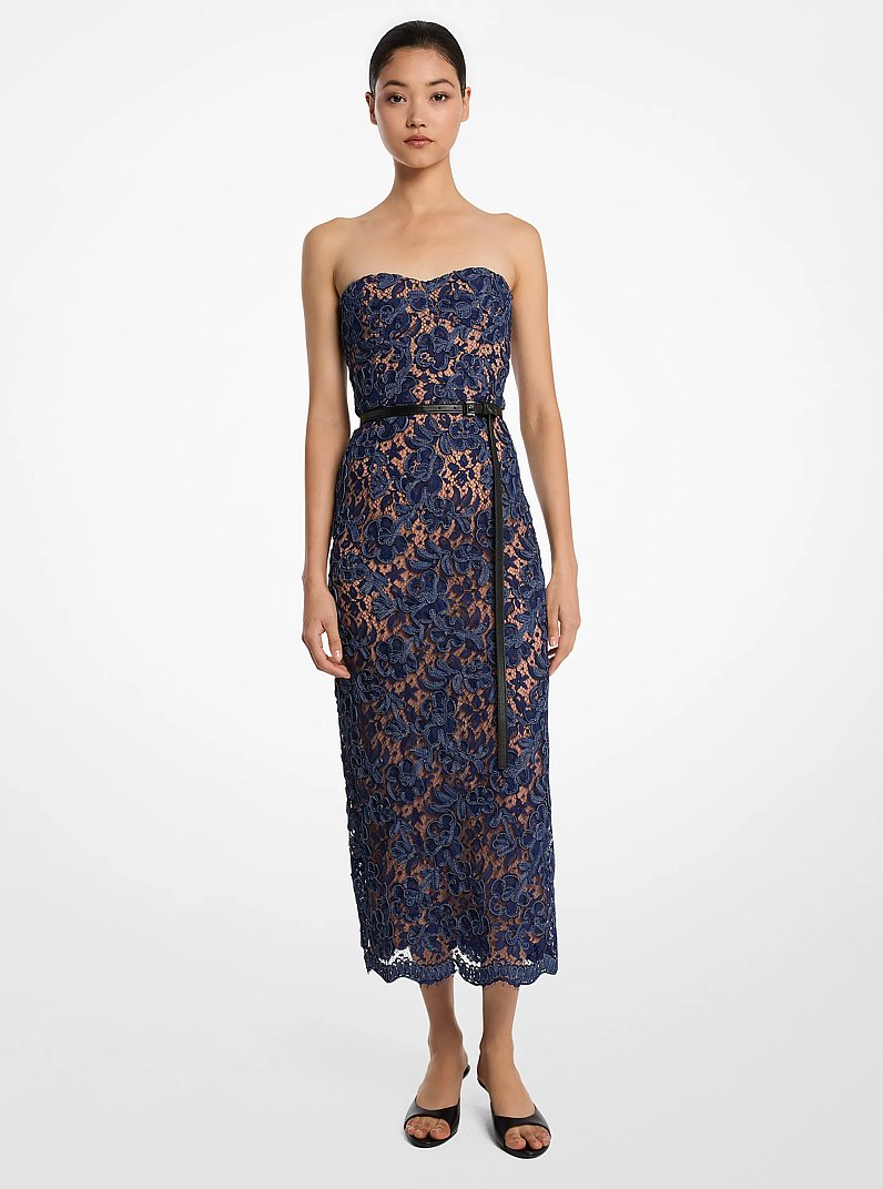 Denim Floral Soutache Lace Strapless Sheath Dress in INDIGO | Michael Kors