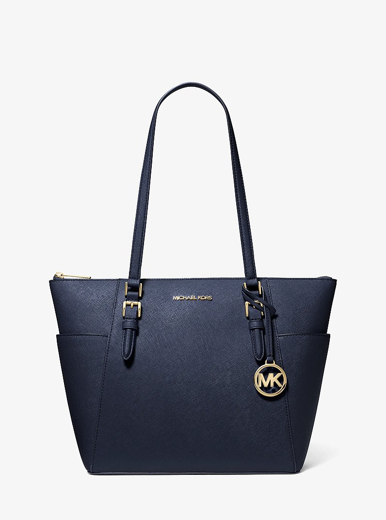 Charlotte Large Saffiano Leather Top-Zip Tote Bag in NAVY