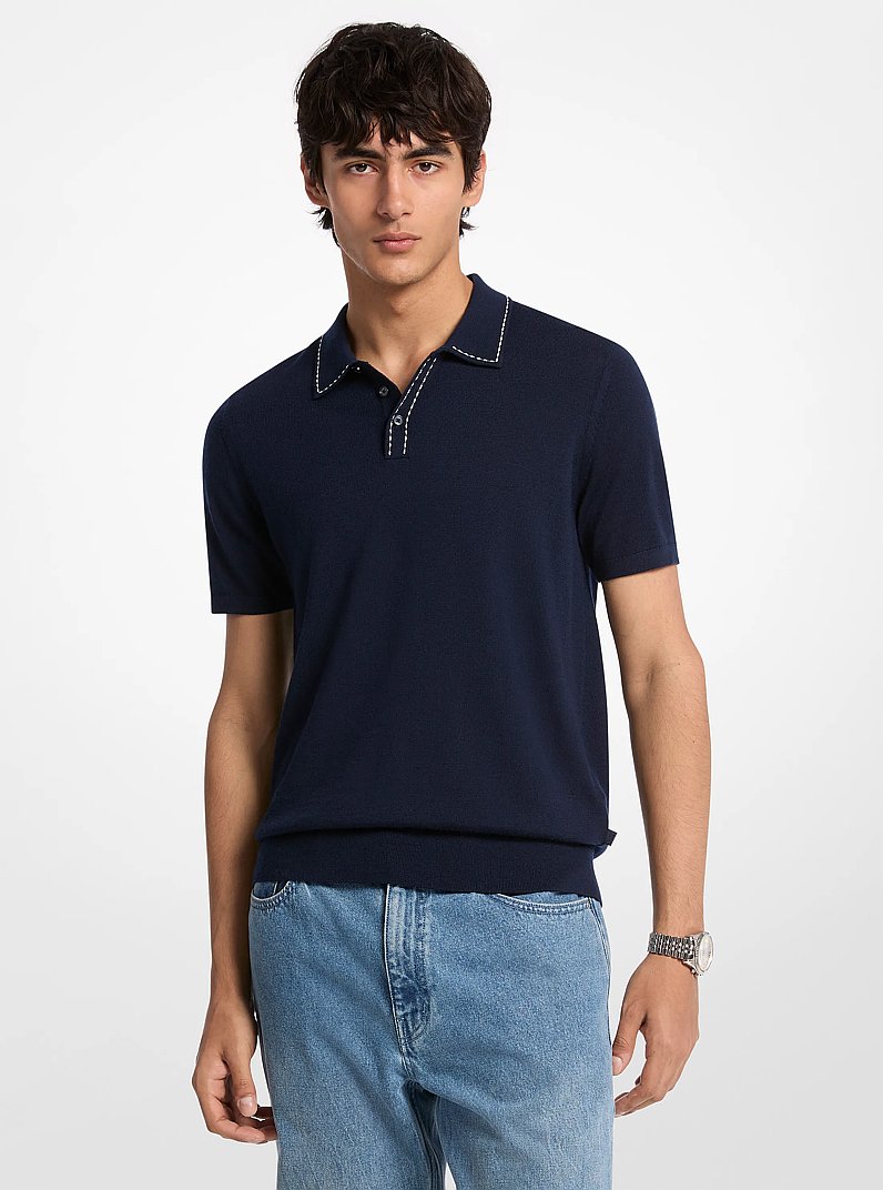 Contrast-Trim Wool Polo Shirt in MIDNIGHT | Michael Kors
