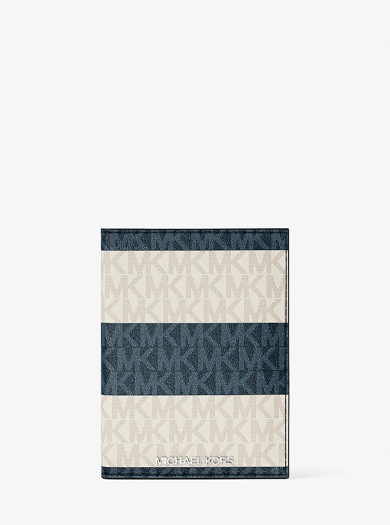 Jet Set Travel Medium Striped Signature Logo Passport Case in NAVY | Michael Kors