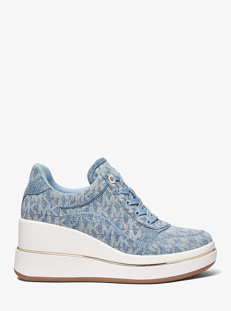 Emmy Signature Logo Print Denim Wedge Trainer in NEW HRZN WSH | Michael Kors
