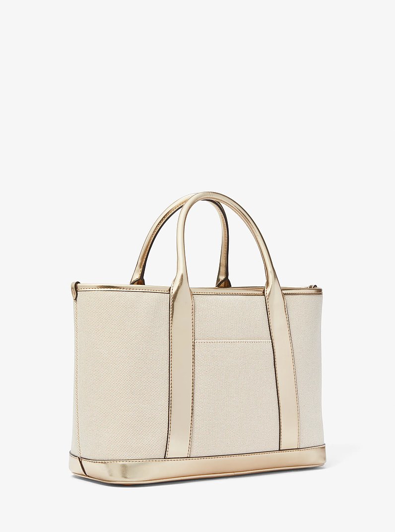 Luisa Medium Cotton Canvas and Metallic Satchel in PALE GOLD/NATURAL | Michael Kors
