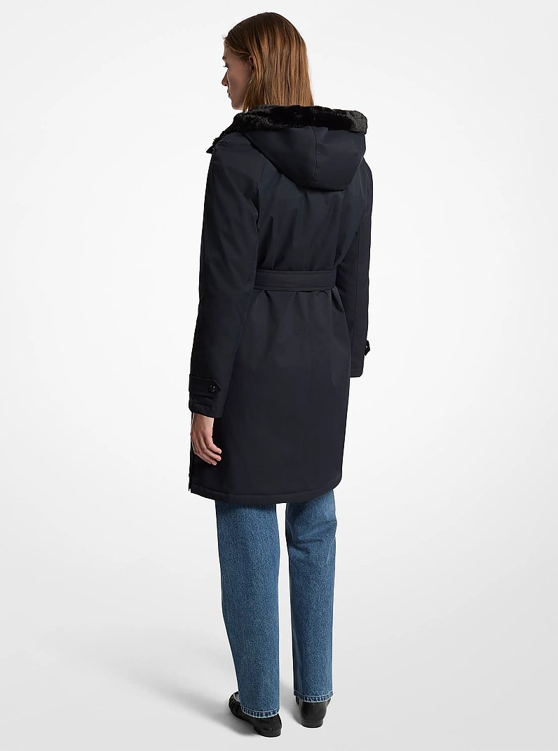 Water-Resistant Belted Faux Fur Trim Coat in NAVY | Michael Kors