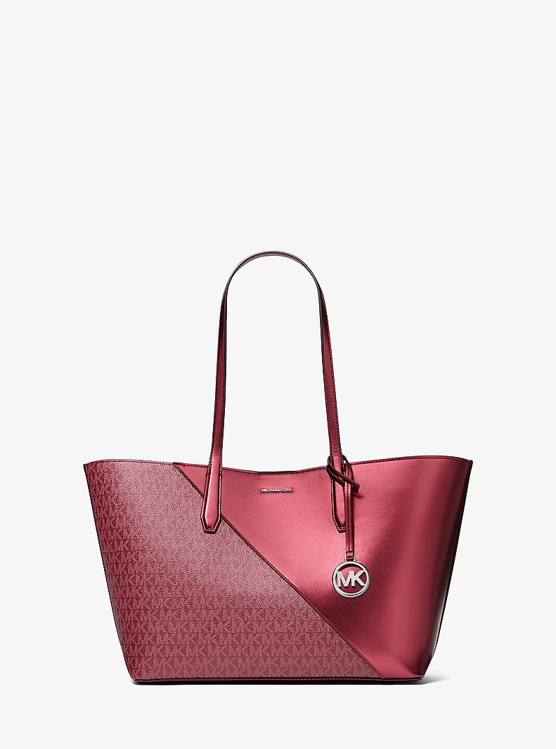 Avalon Medium Metallic and Signature Logo Tote Bag in BORDEAUX | Michael Kors