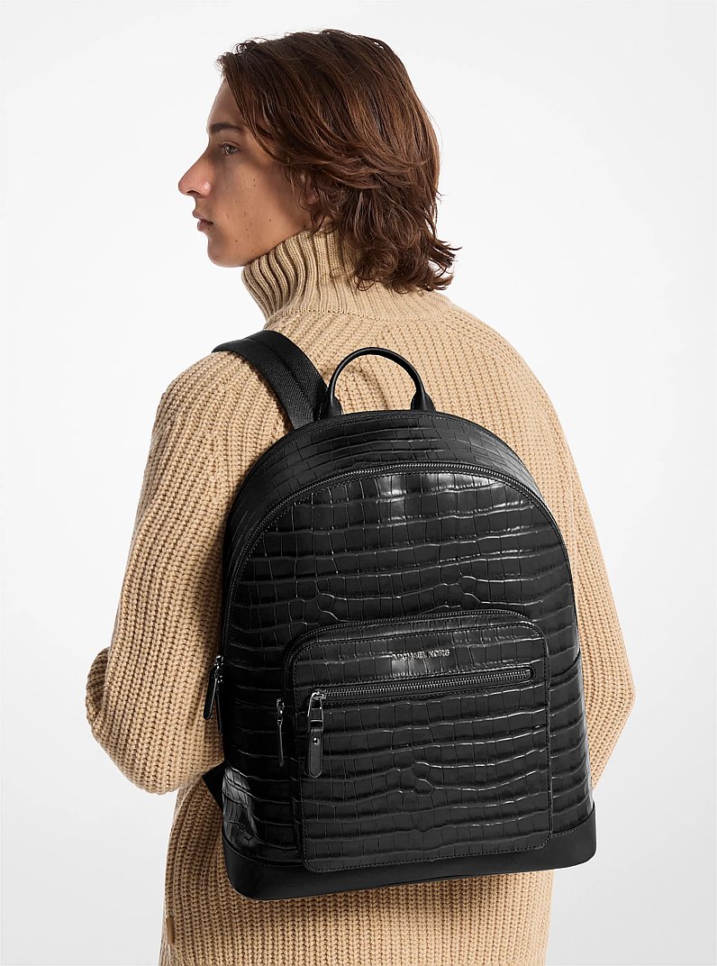Hudson Crocodile Embossed Leather Commuter Backpack in BLACK | Michael Kors