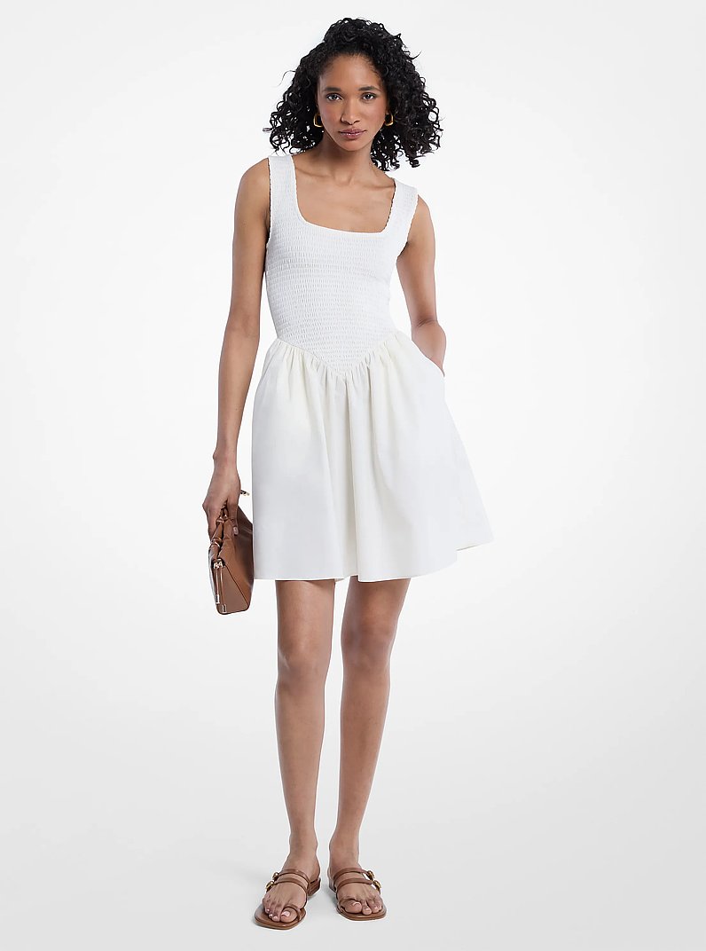 Smocked Stretch Matte Jersey Mini Dress in BONE | Michael Kors