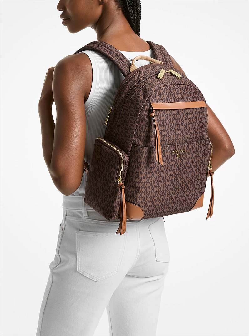 Prescott Large Signature Logo Print Woven Backpack in BRN/ACORN | Michael Kors