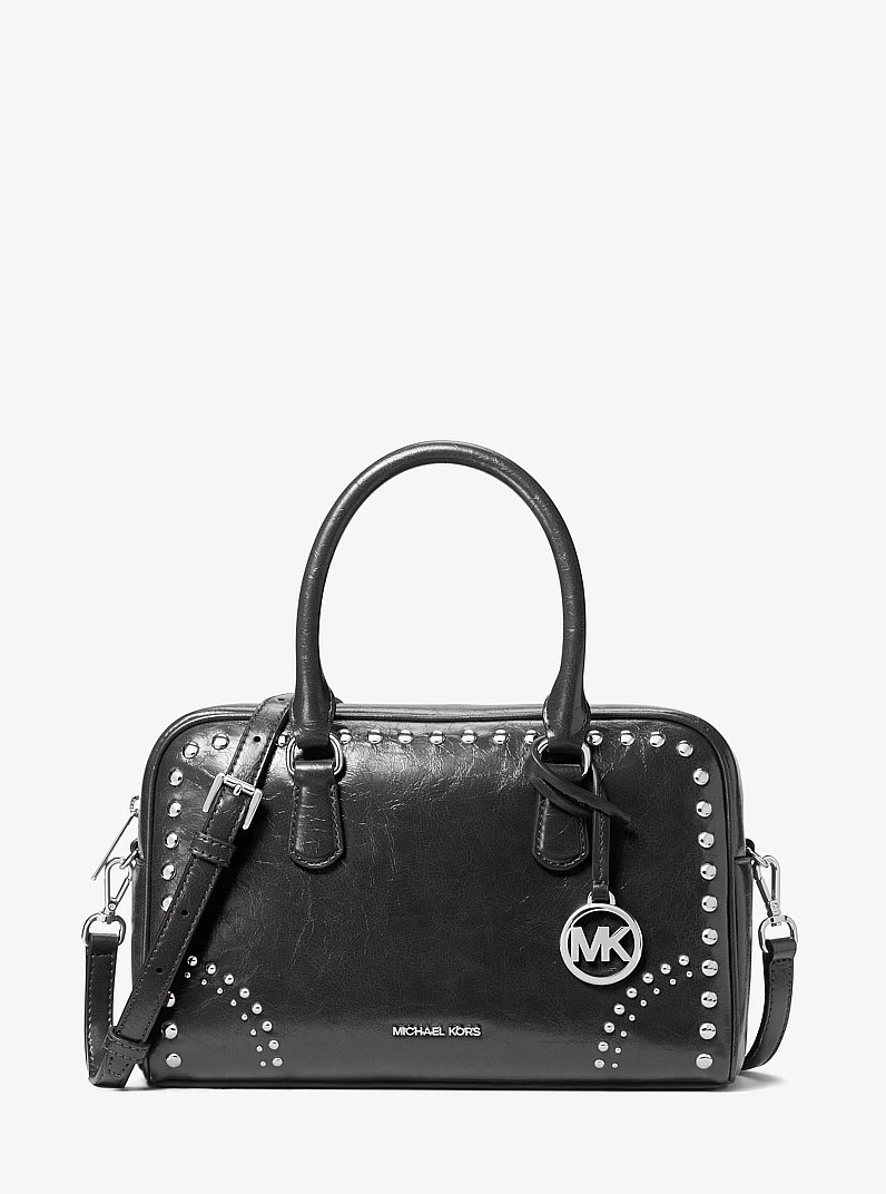 Thompson Medium Distressed Studded Satchel in BLACK | Michael Kors