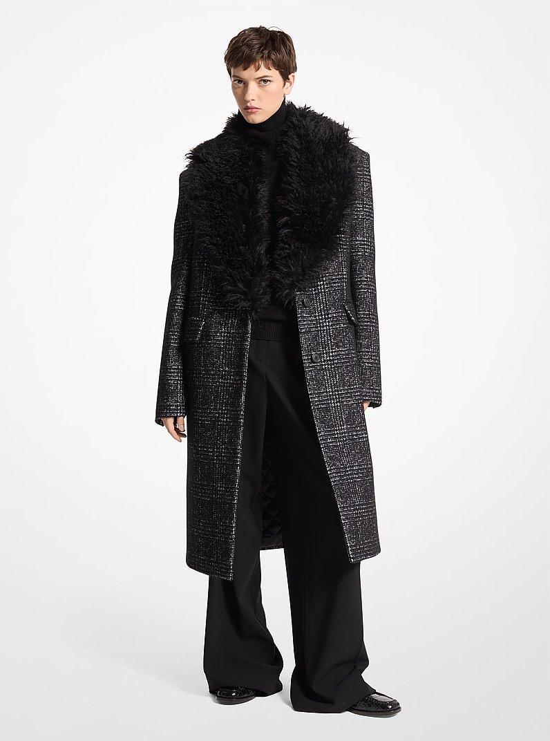 Cappotto Chesterfield in seta e lana Melton principe di Galles e mohair lavorato a maglia in NERO/BIANCO | Michael Kors