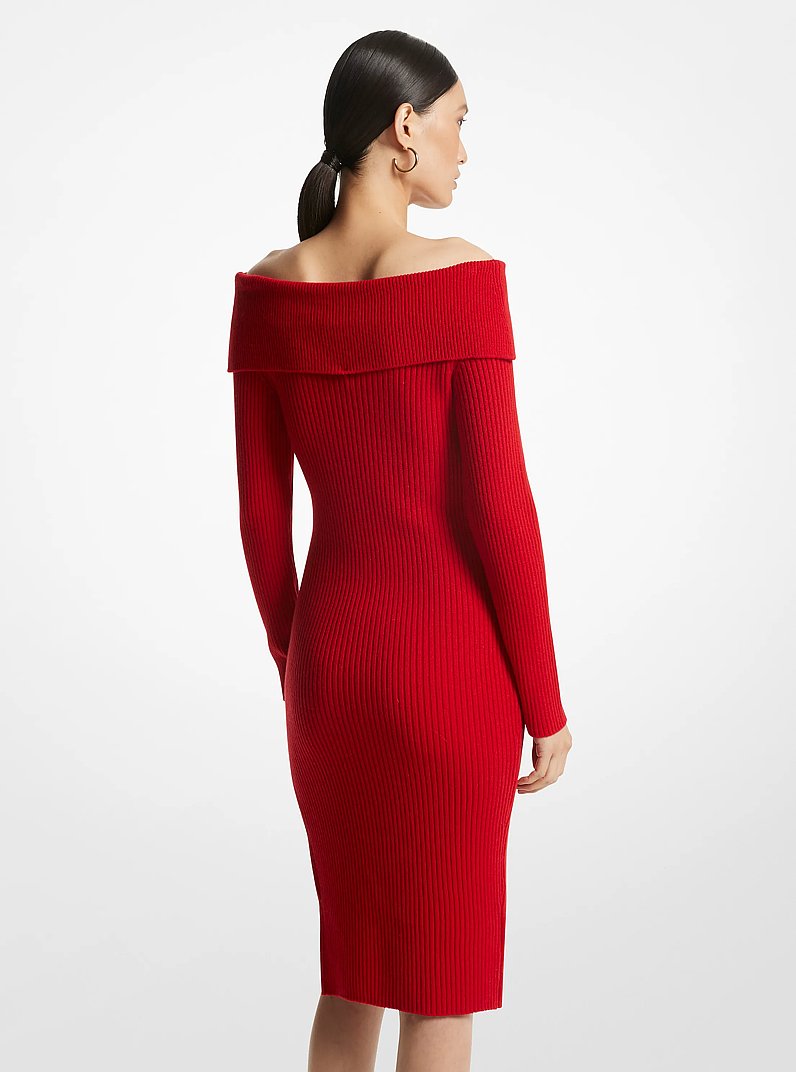 Off-The-Shoulder Ribbed Wool and Cashmere Dress in CRIMSON | Michael Kors