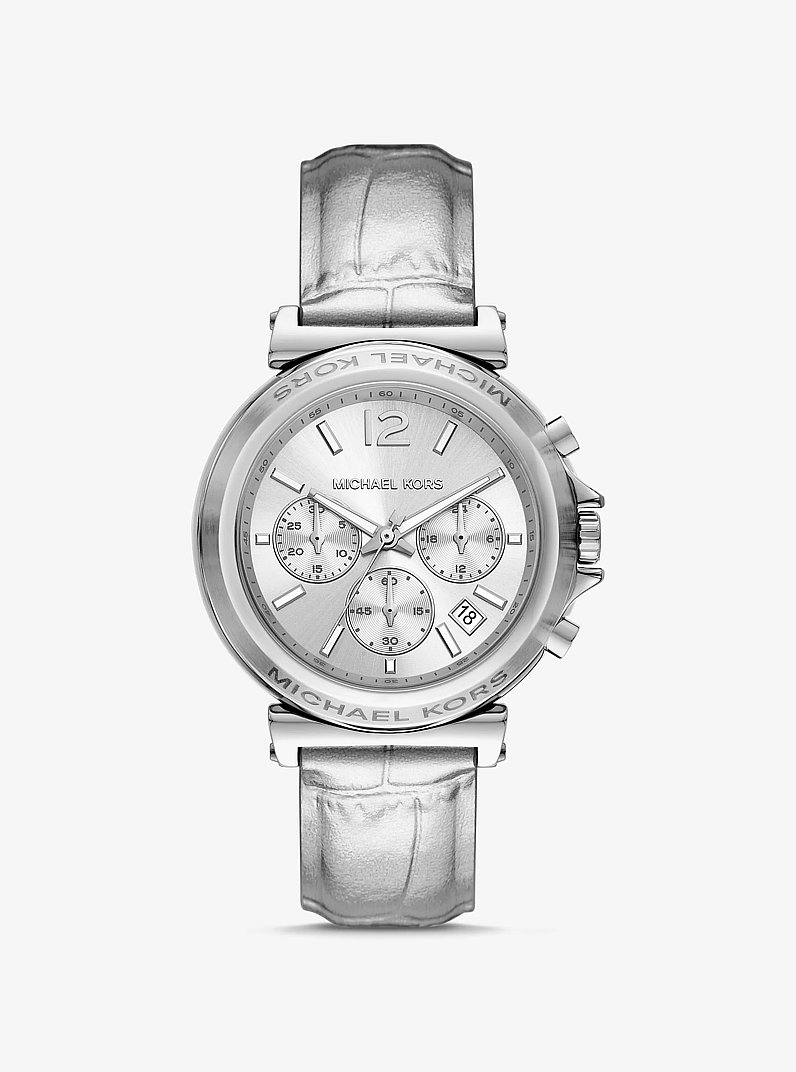 Maren Silver-Tone and Crocodile Embossed Leather Watch in SILVER | Michael Kors