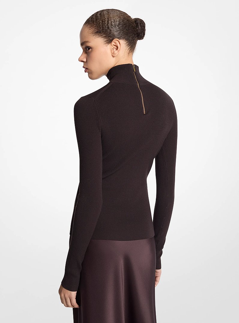 Ribbed Stretch Merino Wool Turtleneck Sweater in CHOCOLATE | Michael Kors