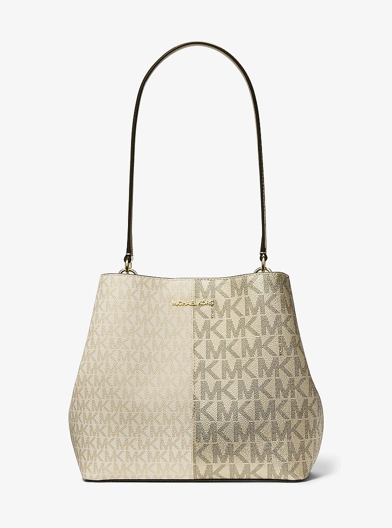 Pratt Medium Two-Tone Metallic Signature Logo Shoulder Bag in PALE GOLD | Michael Kors