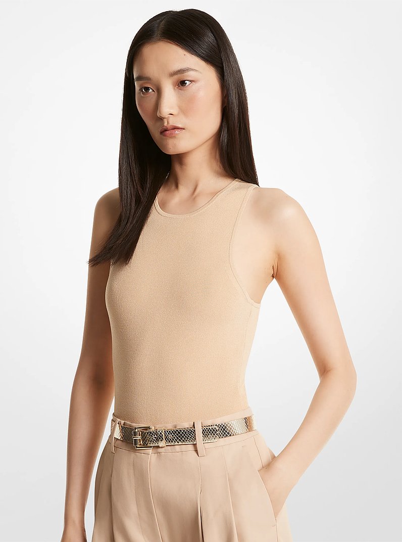 Ribbed Stretch Knit Racerback Bodysuit in BUFF | Michael Kors