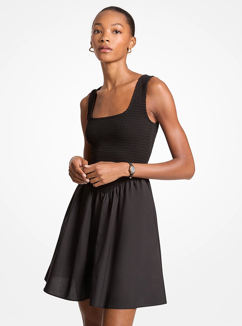 Smocked Stretch Matte Jersey Mini Dress in BLACK | Michael Kors