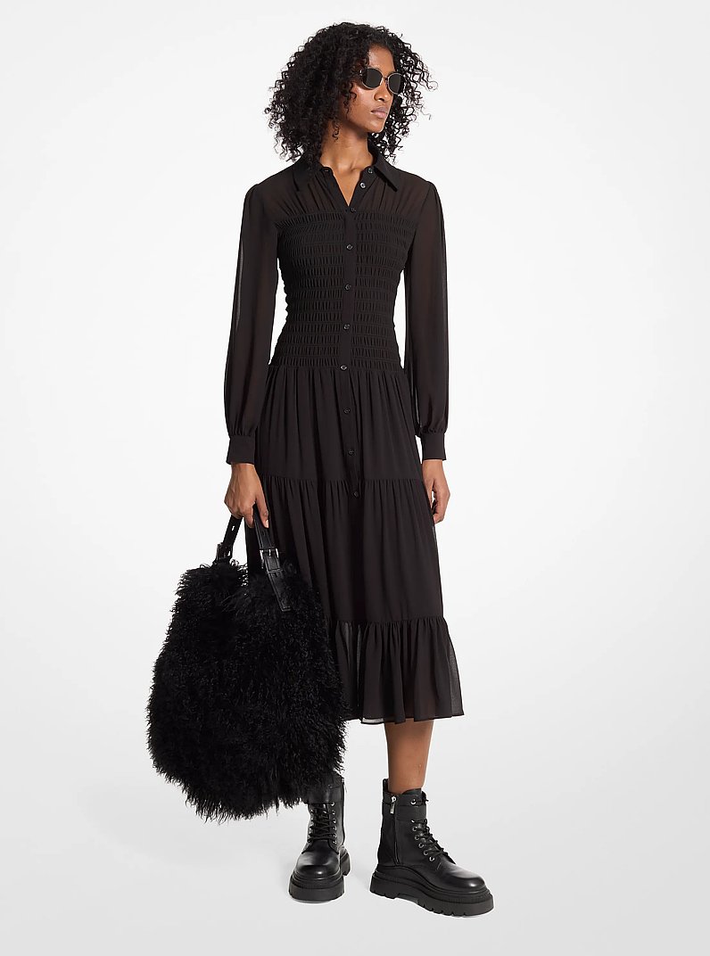Smocked Georgette Shirtdress in BLACK | Michael Kors