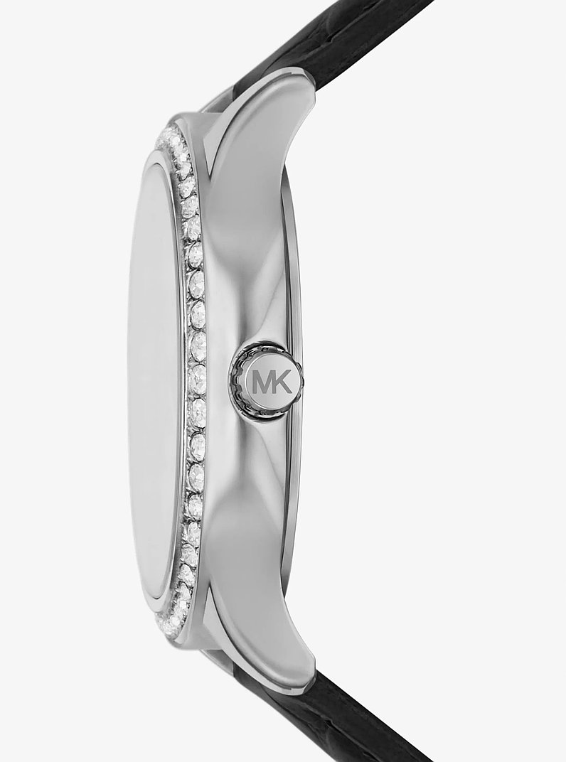 Sage Pav&eacute; Silver-Tone and Crocodile Embossed Leather Watch in BLACK | Michael Kors