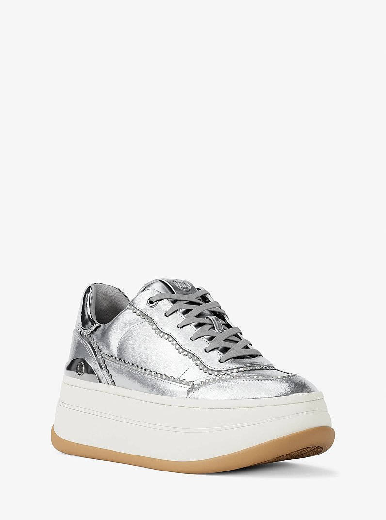Espadrille &agrave; plateforme Hayes en cuir m&eacute;tallis&eacute; &agrave; ornements in ARGENT | Michael Kors