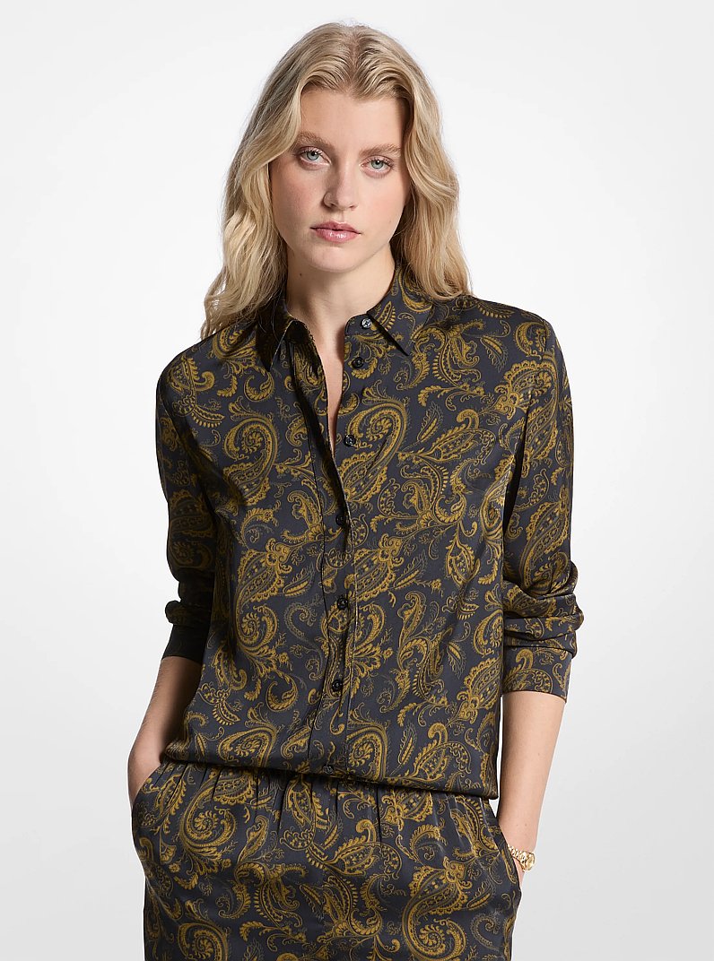 Paisley Print Satin Pajama Shirt in IVY | Michael Kors