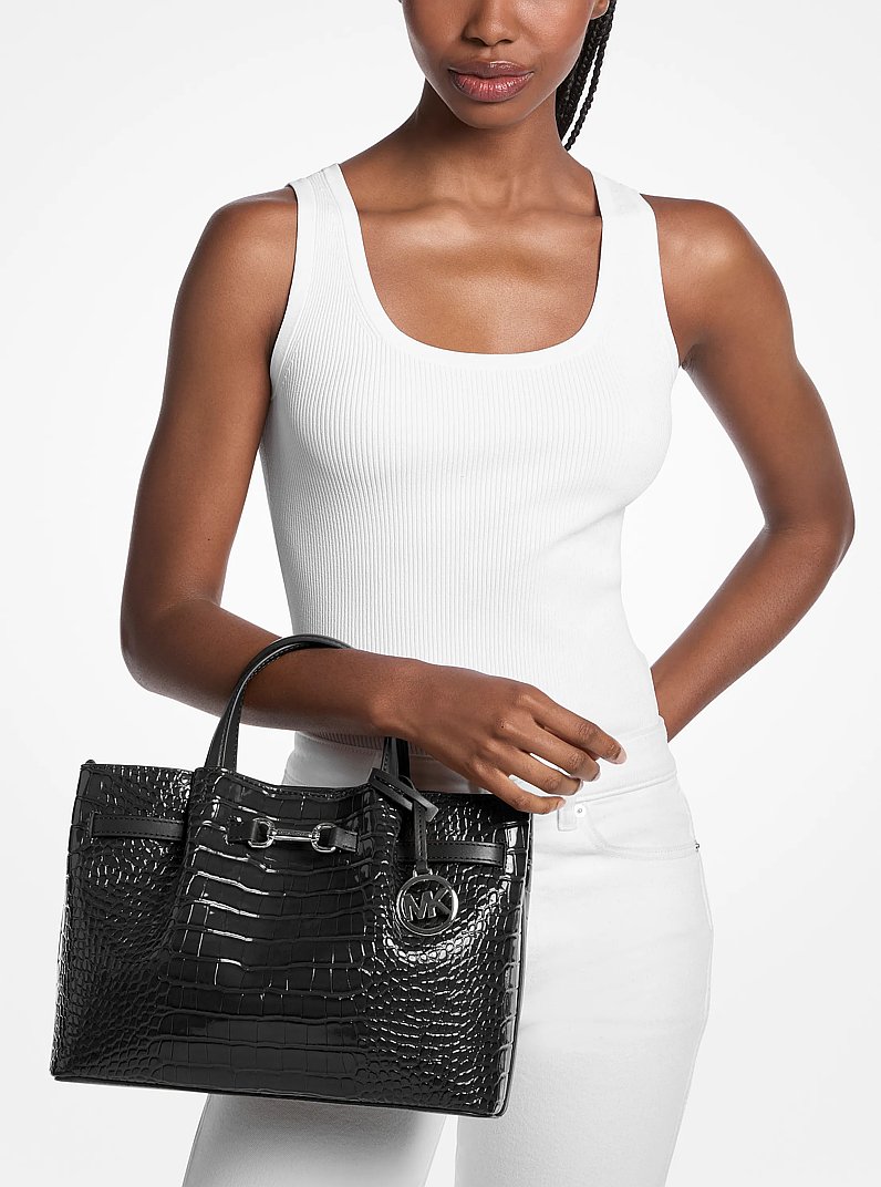 Carson Medium Crocodile Embossed Satchel in BLACK | Michael Kors