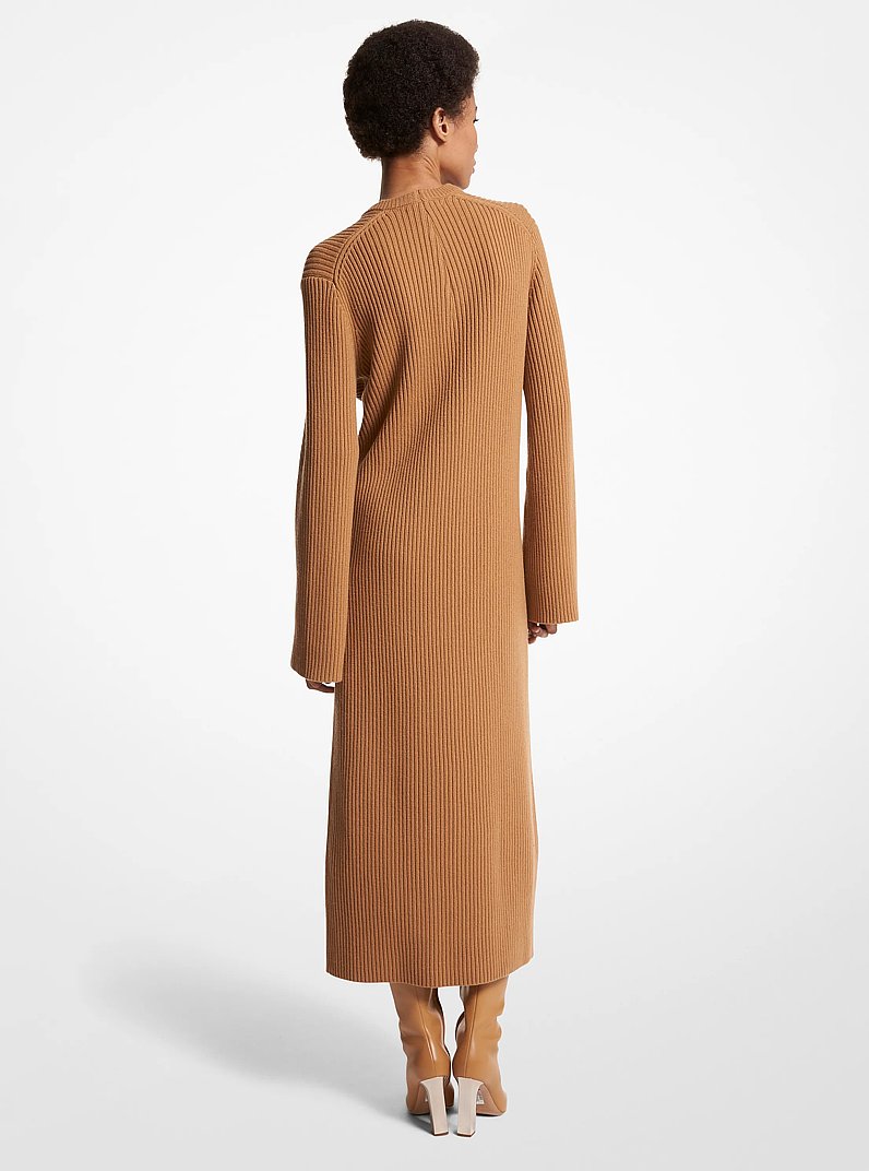 Vestido de cachemir el&aacute;stico acanalado con aberturas in CAMEL | Michael Kors