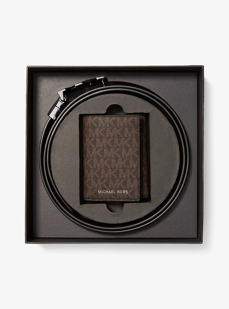 Signature Logo Tri-Fold Card Case and Belt Gift Set in BROWN/BLK | Michael Kors