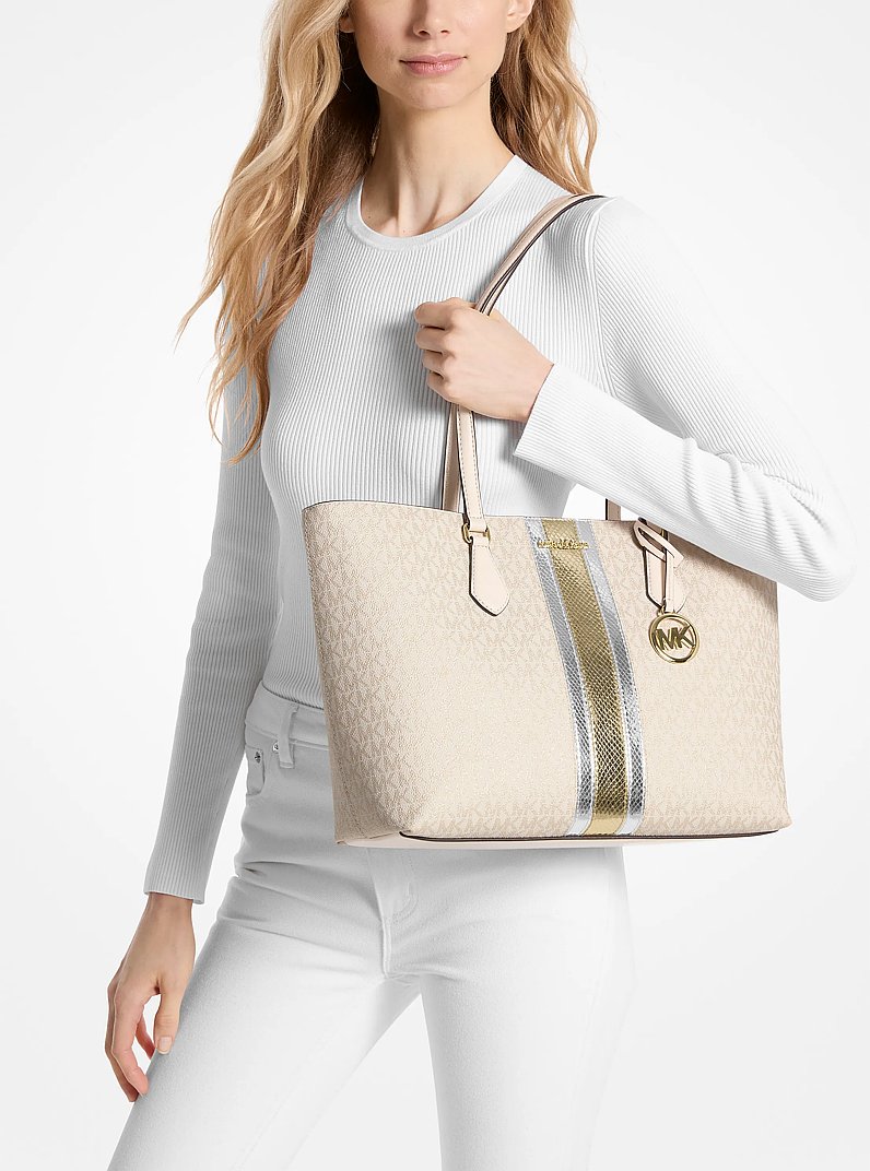 Sheila Large Signature Logo and Metallic Tote Bag in PALE GOLD | Michael Kors