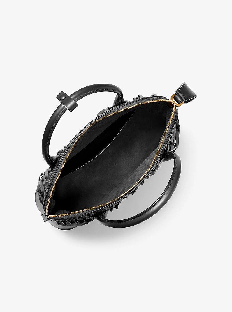 Kaitlin Large Fringed Woven Leather Dome Satchel in NEGRO | Michael Kors