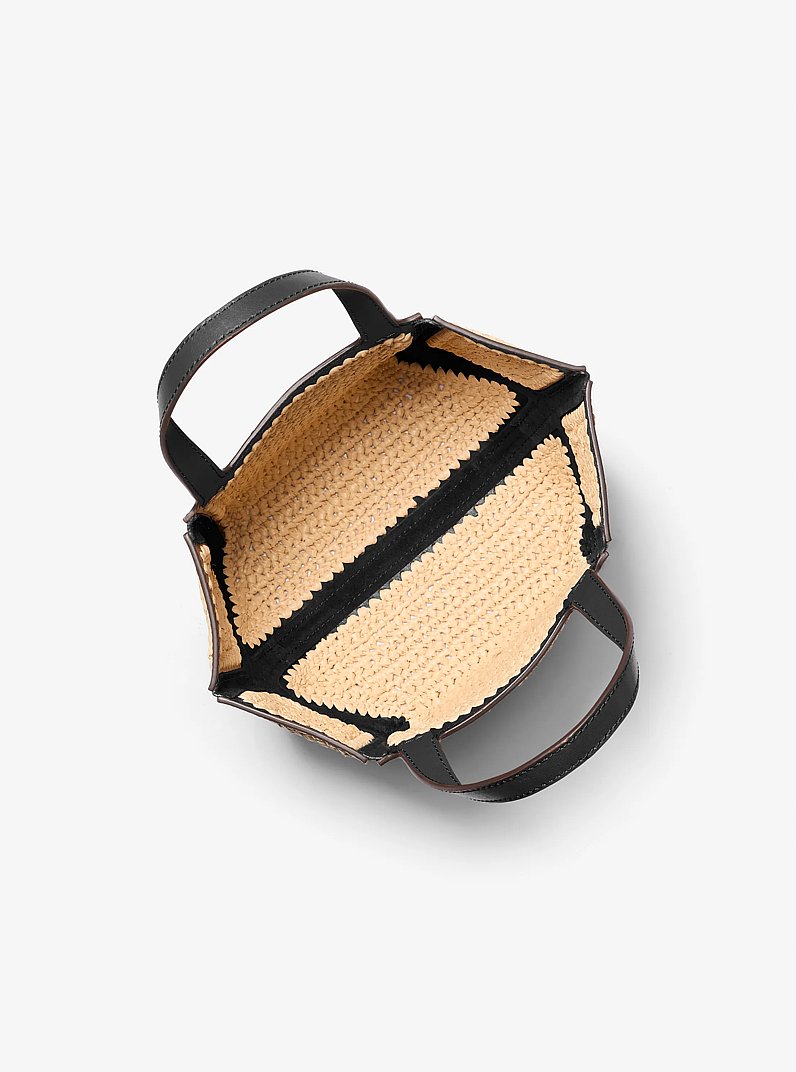 Jordi Small Hand-Crocheted Straw and Leather Tote Bag in NATURAL/BLACK | Michael Kors
