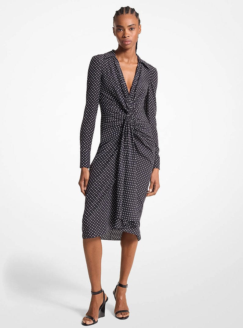 Robe chemise fronc&eacute;e &agrave; pois en cr&ecirc;pe de Chine de soie biologique in NOIR/BLANC | Michael Kors