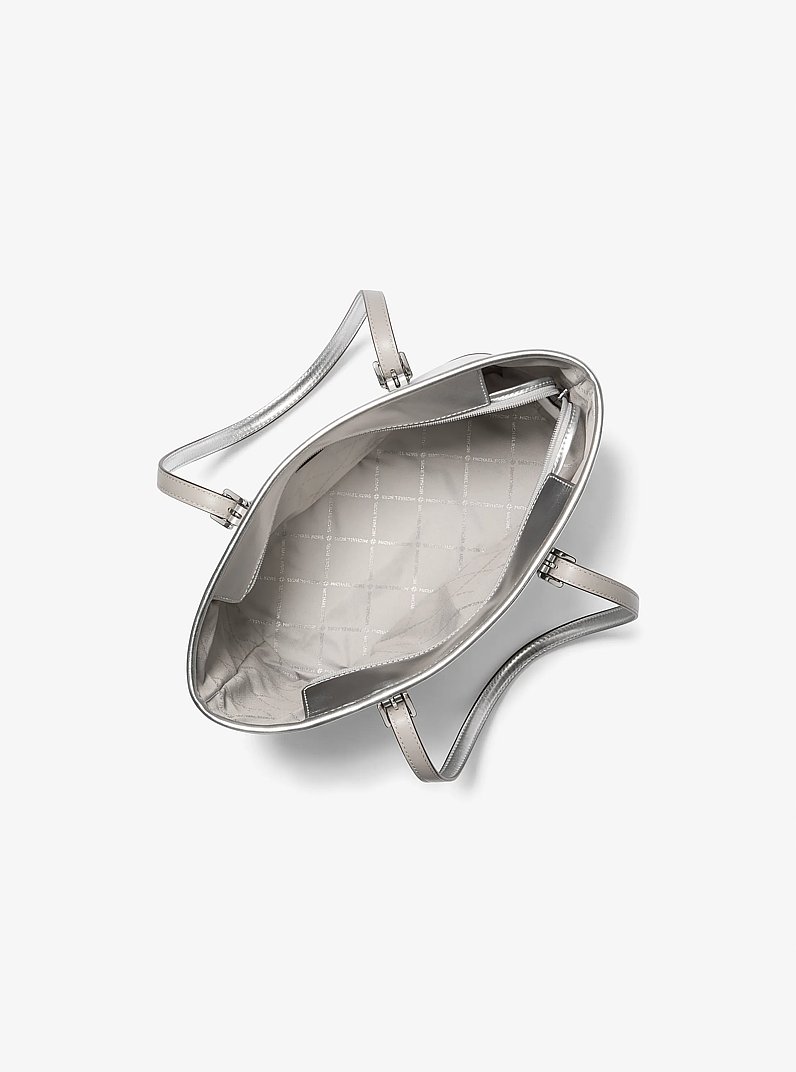 Jet Set Travel Small Metallic Logo Top-Zip Tote Bag in SILVER | Michael Kors