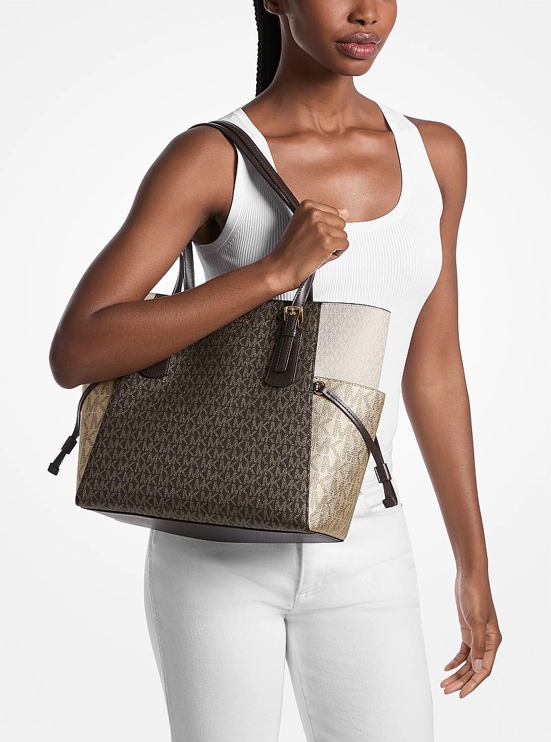 Voyager Large Color-Block Metallic Signature Logo Tote Bag in BROWN | Michael Kors