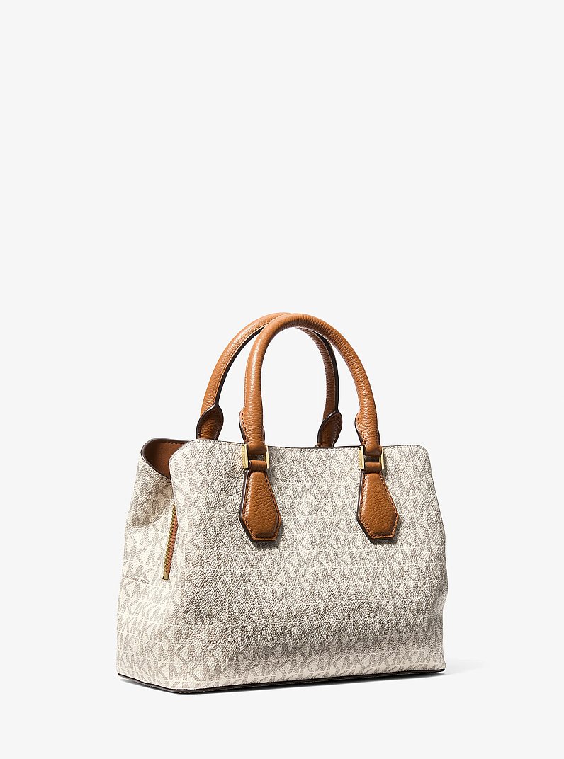 Camille Small Logo and Leather Satchel in VANILLA/ACORN | Michael Kors