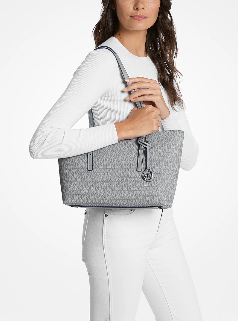 Quinn Medium Signature Logo and Leather Tote Bag in STORM | Michael Kors