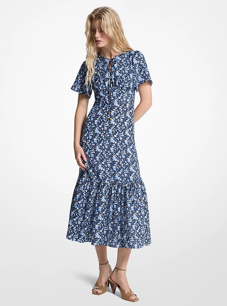 Floral Print Viscose and Silk Blend Midi Dress in FRENCH BLUE | Michael Kors