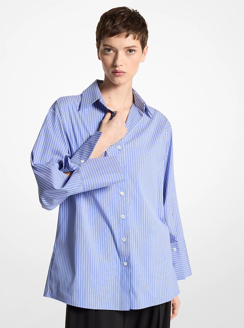 Striped Stretch Cotton Poplin Oversized Shirt in Azure/OptWht | Michael Kors