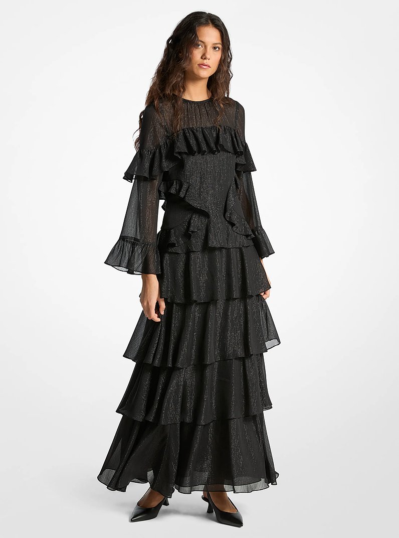 Robe en georgette &agrave; rayures m&eacute;tallis&eacute;es et &agrave; volants in NOIR | Michael Kors