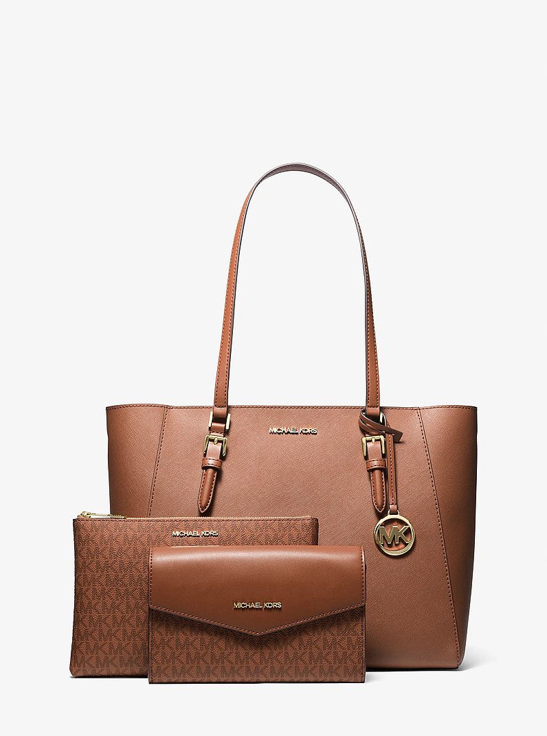 Charlotte Large Saffiano Leather 3-in-1 Tote Bag in LUGGAGE