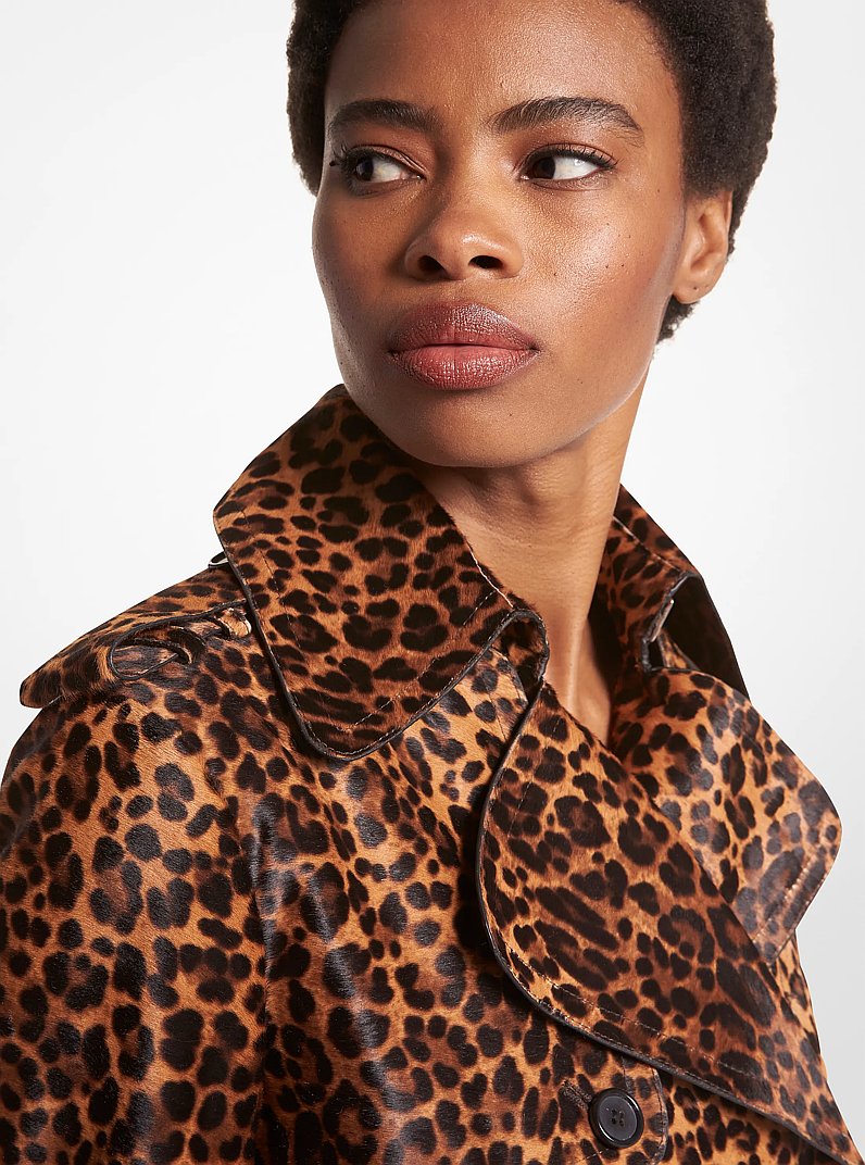 Leopard Print Calf Hair Trench Coat in CHESTNUT MULTI | Michael Kors