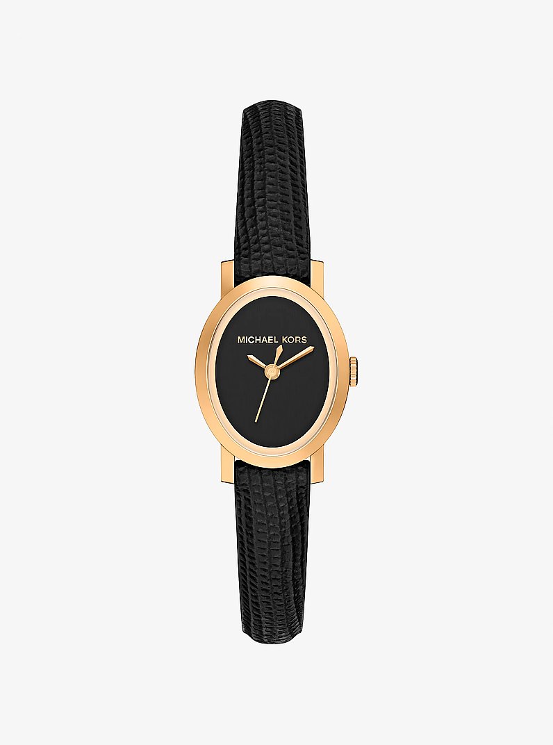 Petite Maude Gold-Tone and Lizard Embossed Leather Watch in BLACK | Michael Kors