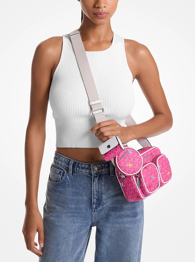 Jet Set Large Printed Signature Logo Crossbody Bag in DRAGONFRUIT