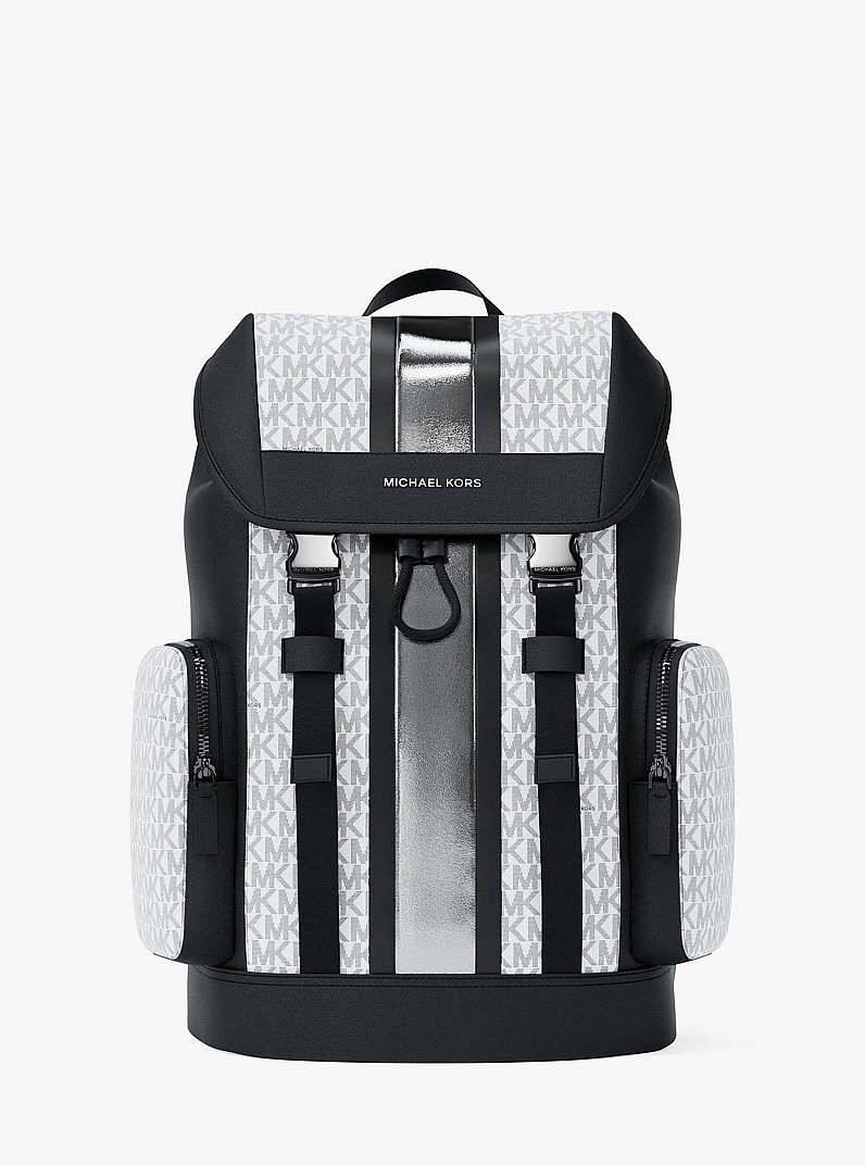 Cooper Metallic Striped Signature Logo Backpack in SILVER | Michael Kors
