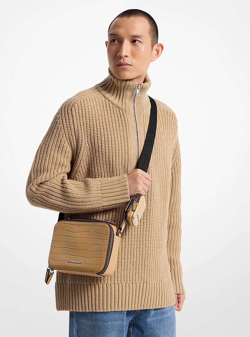 Hudson Crocodile Embossed Leather Crossbody Bag in HUSK | Michael Kors